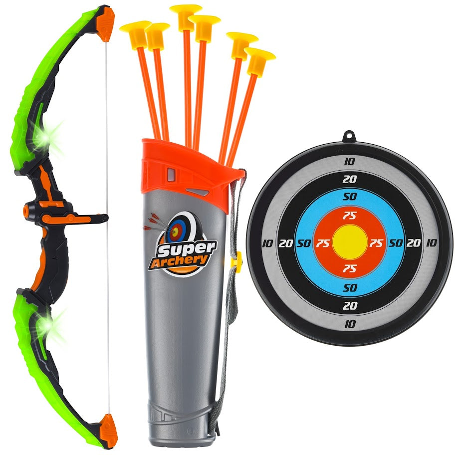 GoBroBrand Bow Arrow Set Kids -Green Light Up Archery Toy Set -Includes 6 Suction Cup Arrows, Target & Quiver Boys & Girls Ages 3 -12 Years Old