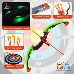 GoBroBrand Bow Arrow Set Kids -Green Light Up Archery Toy Set -Includes 6 Suction Cup Arrows, Target & Quiver Boys & Girls Ages 3 -12 Years Old
